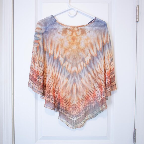 World Unity M Sheer Tie Dye Boho Festival Blouse Poncho Earthy Sunset Sparkle - Picture 4 of 4
